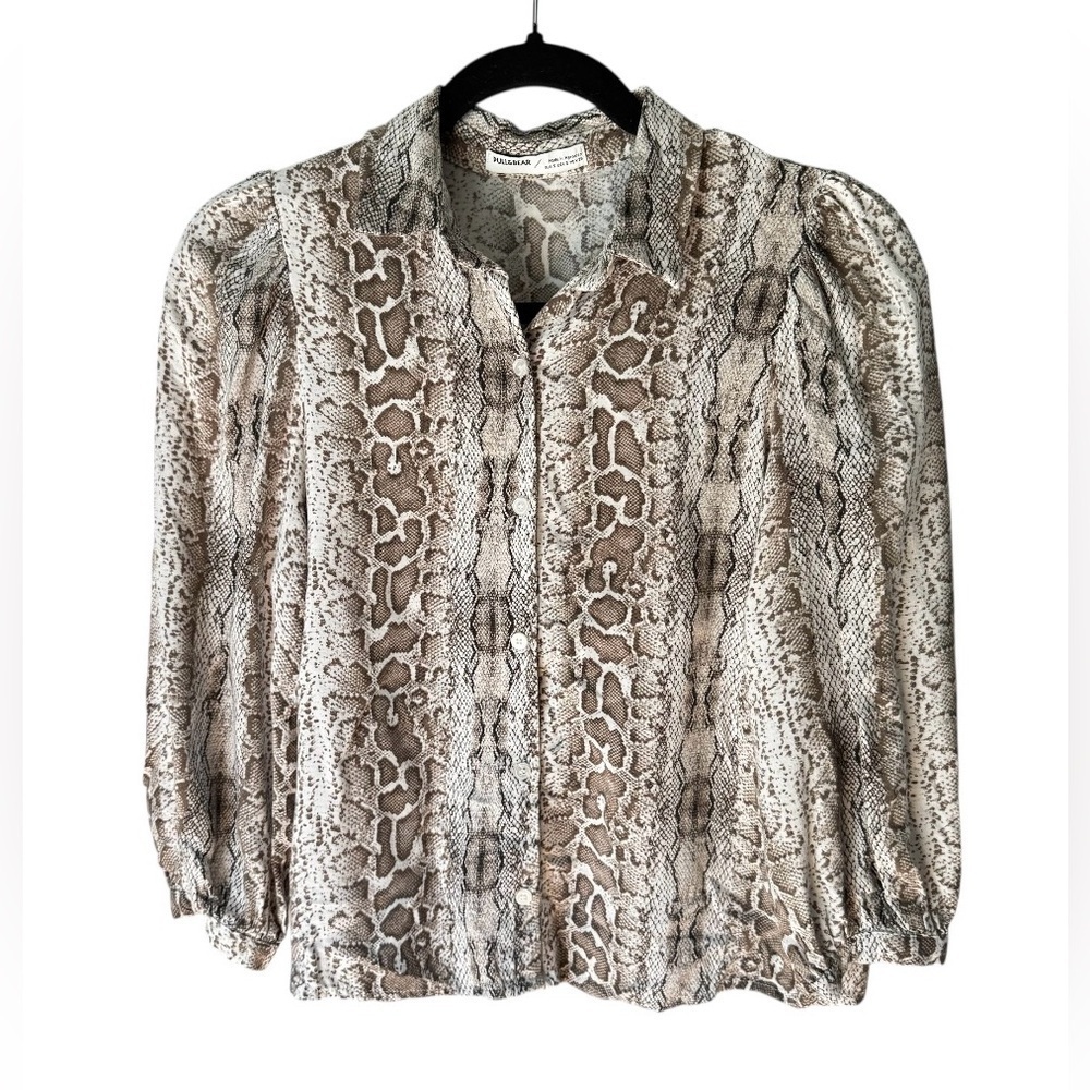 Pull & Bear Viscose Snake Print Puff Sleeve Gray Blouse Size Small